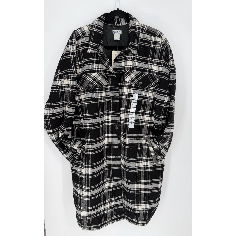 NEW Duluth Women's XXL BLK/WHT Flannel Duster Jacket, Lined, Snaps w/pockets.